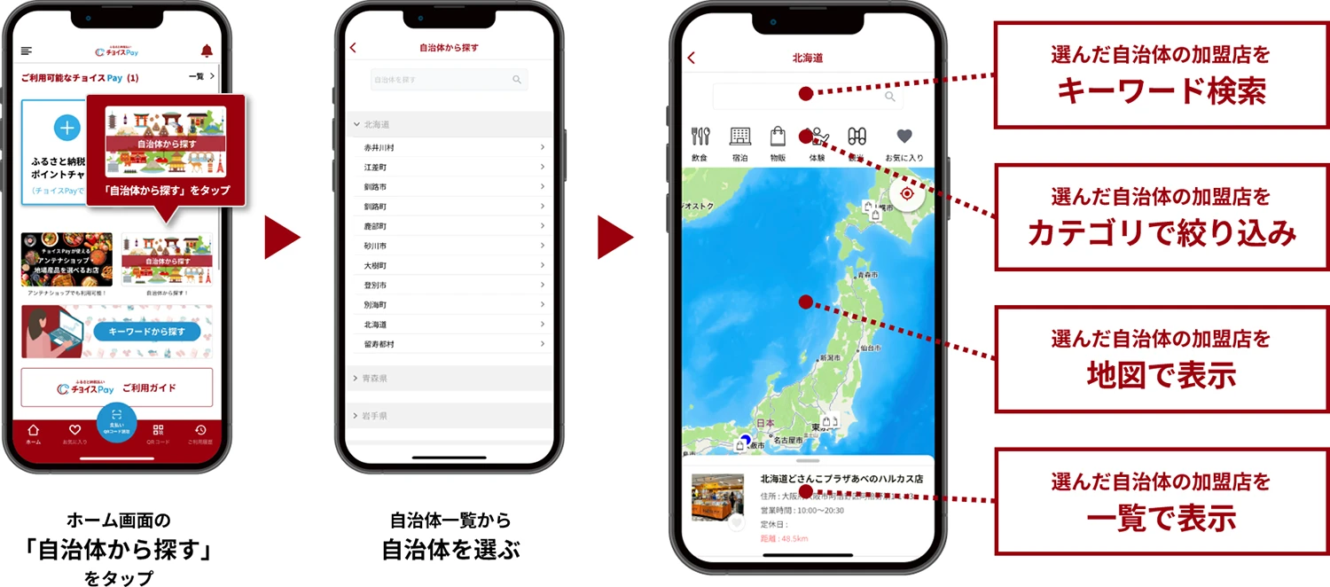 選んだ自治体の加盟店をキーワード検索 選んだ自治体の加盟店を カテゴリで絞り込み 選んだ自治体の加盟店を地図で表示 選んだ自治体の加盟店を一覧で表示